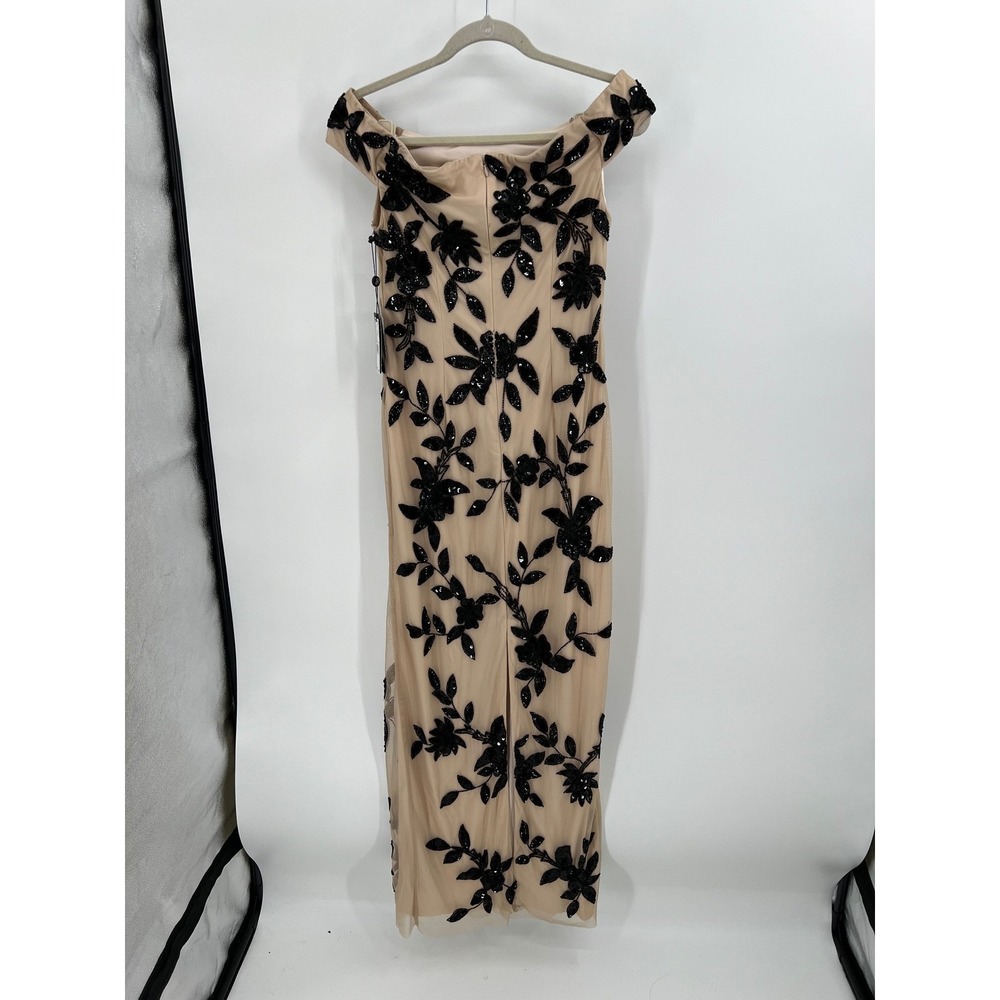 NWT Adrianna Papell Beaded Mesh Column Gown Black Nude Floral Size 6 — MSRP $329 - Picture 6 of 11